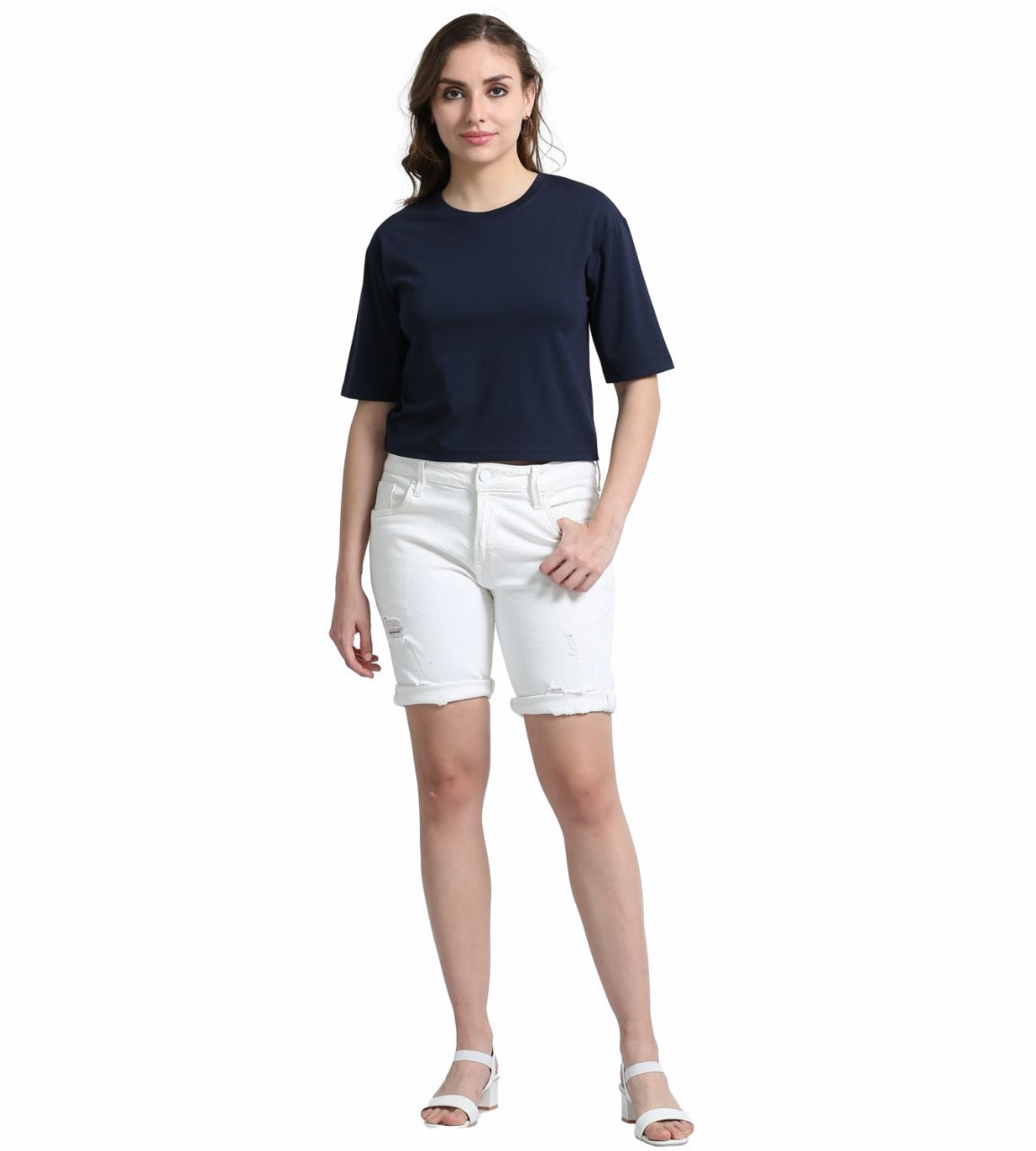 NAVY BLUE SOILD OVERSIZED CROPPED TEE