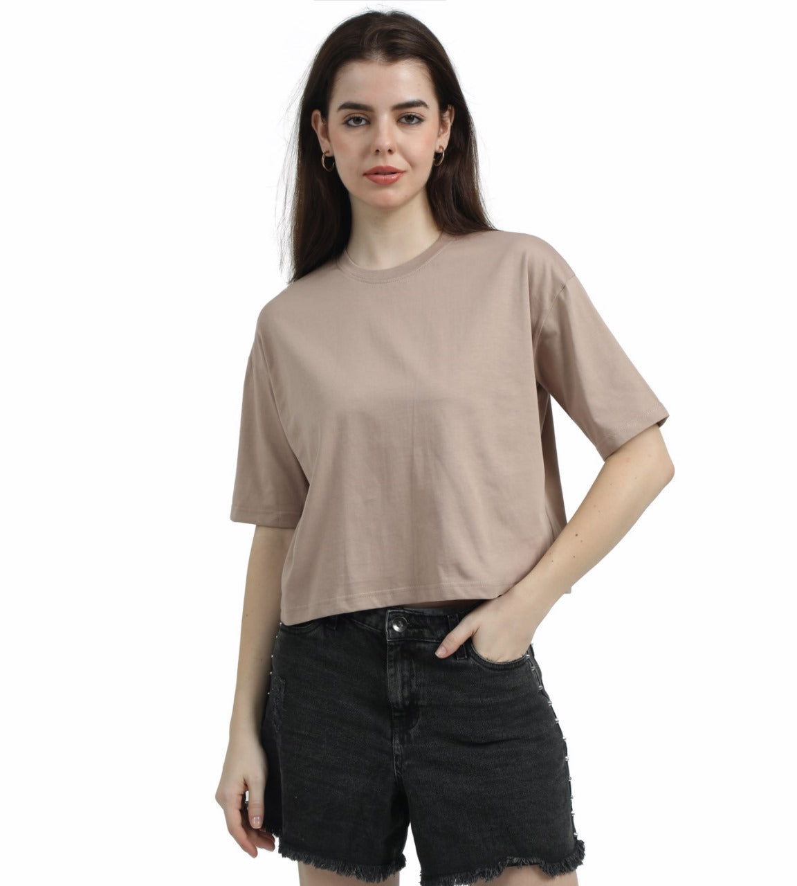 BEIGE SOILD OVERSIZED CROPPED TEE