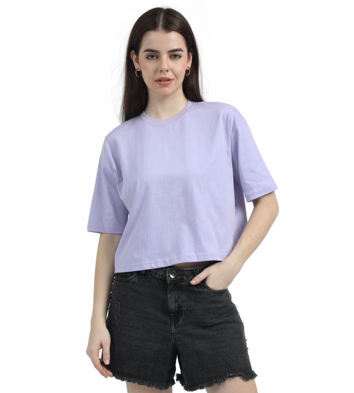 LAVENDER SOILD OVERSIZED CROPPED TEE