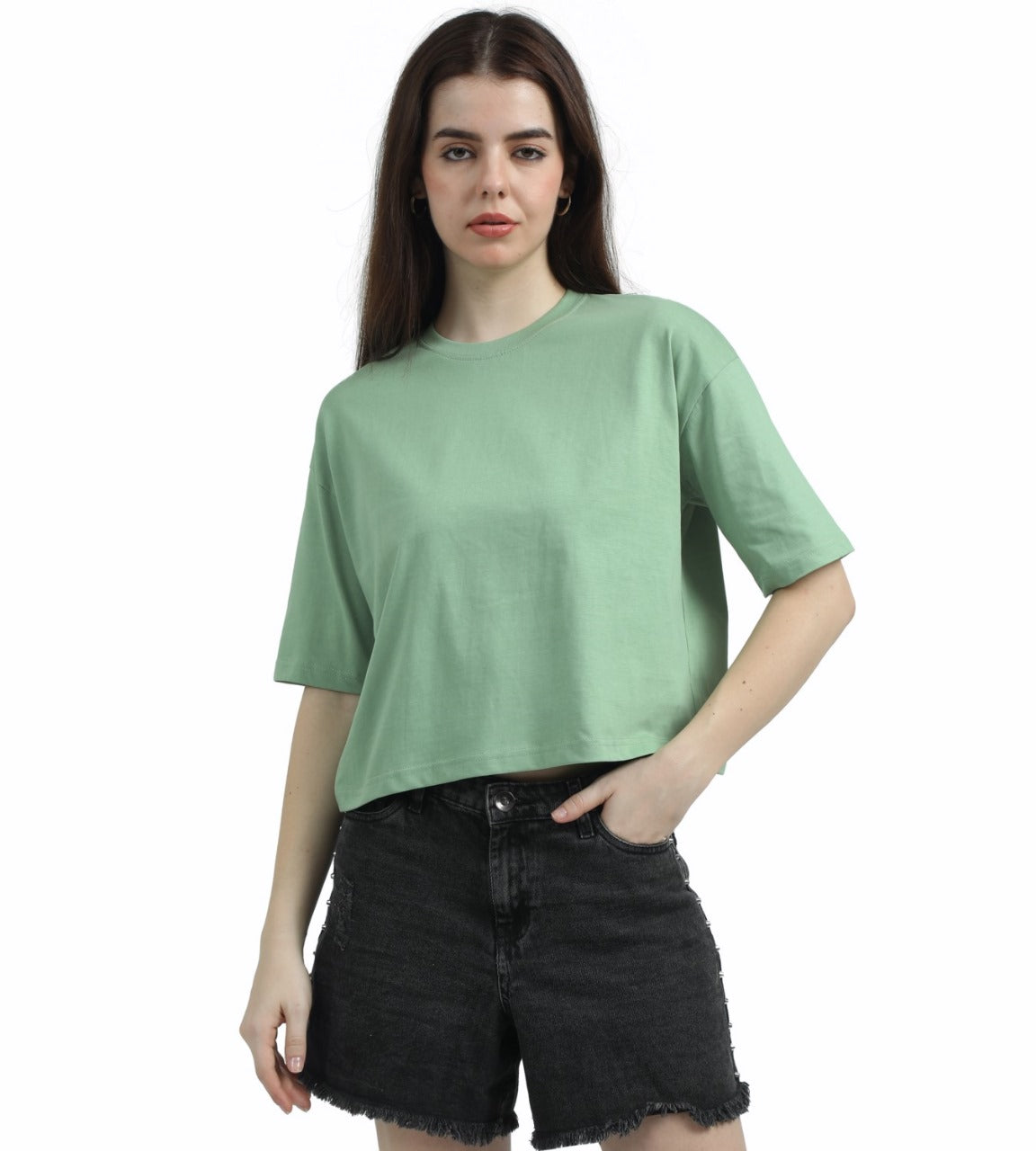 PALE GREEN SOILD OVERSIZED CROPPED TEE