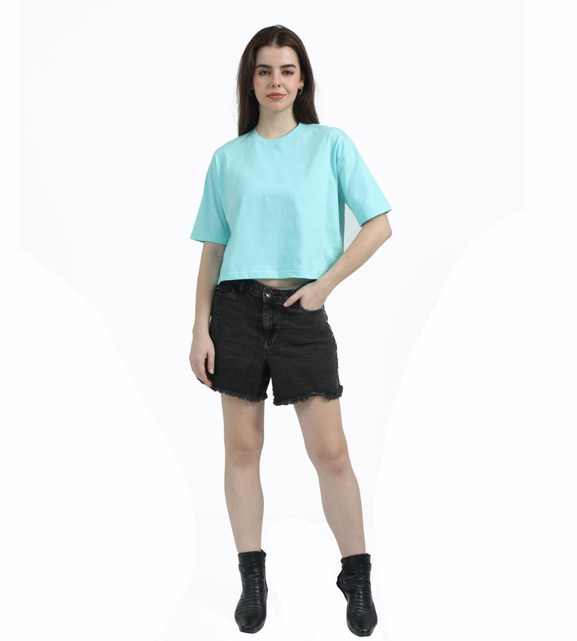 PALE AQUA SOILD OVERSIZED CROPPED TEE