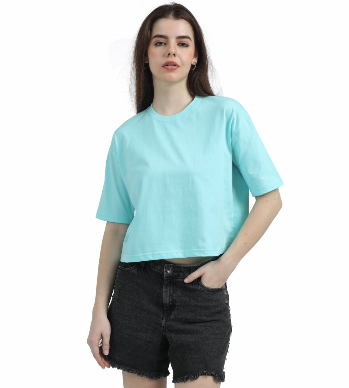 PALE AQUA SOILD OVERSIZED CROPPED TEE