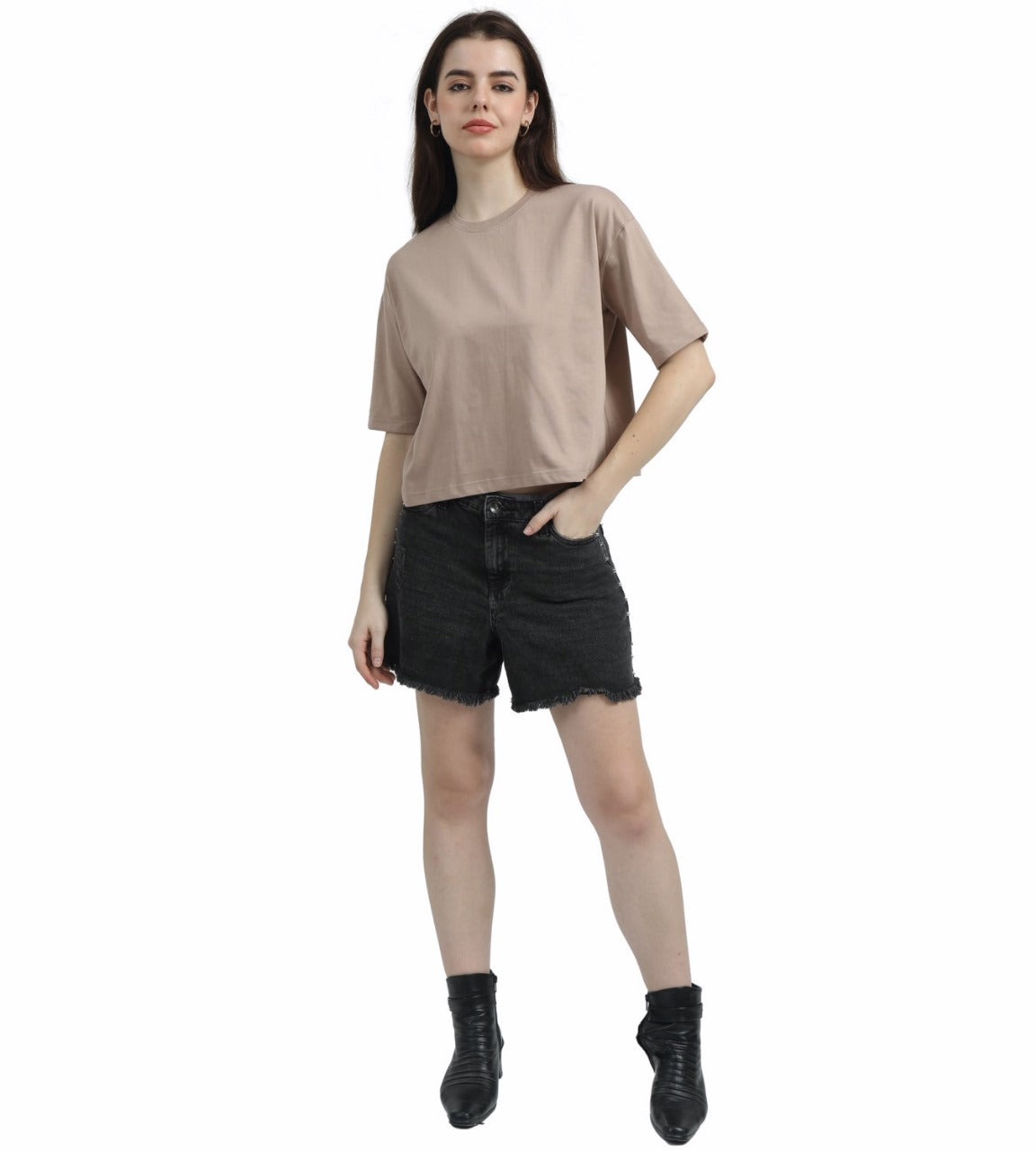 BEIGE SOILD OVERSIZED CROPPED TEE