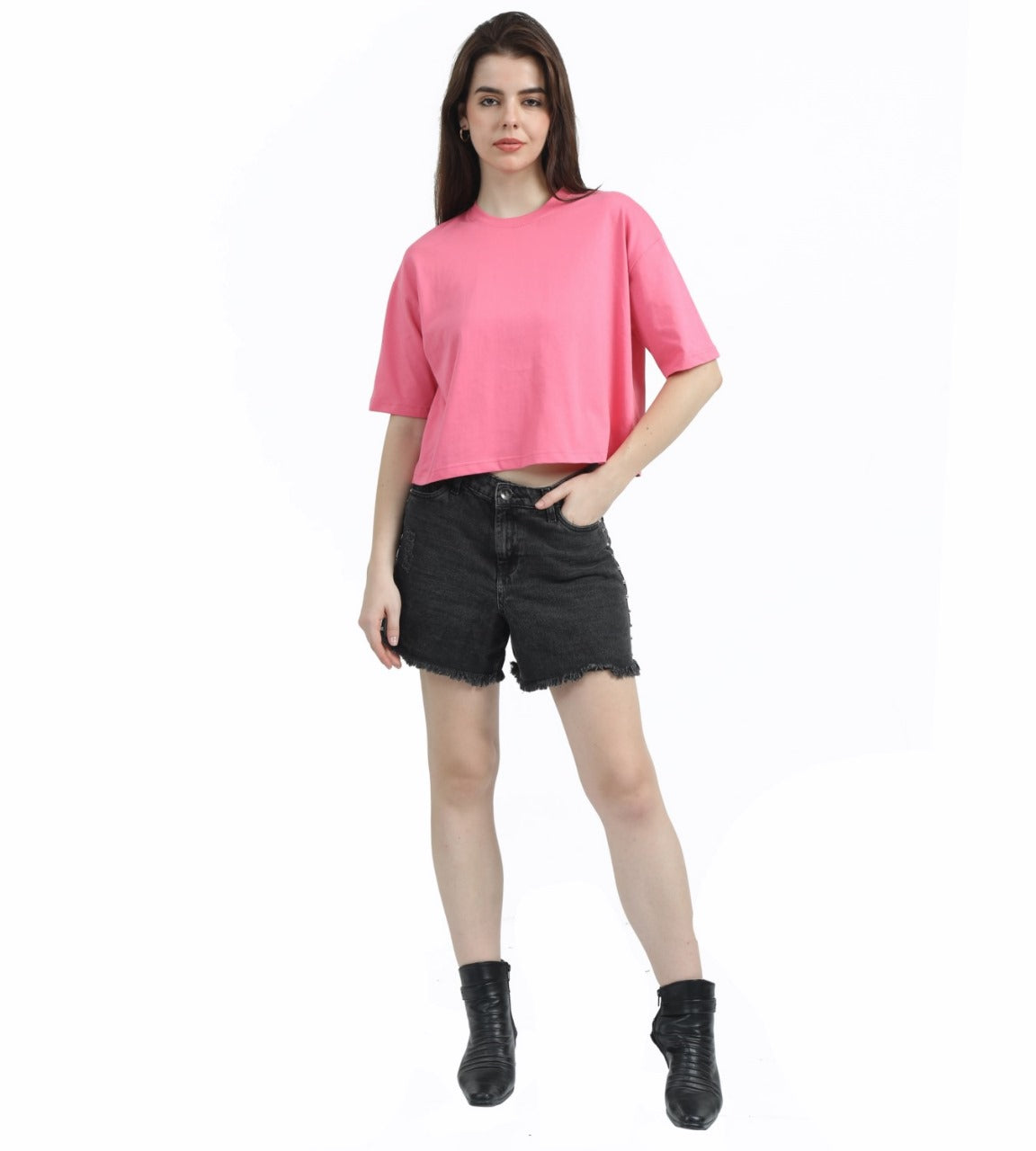 CANDY PINK SOILD OVERSIZED CROPPED TEE