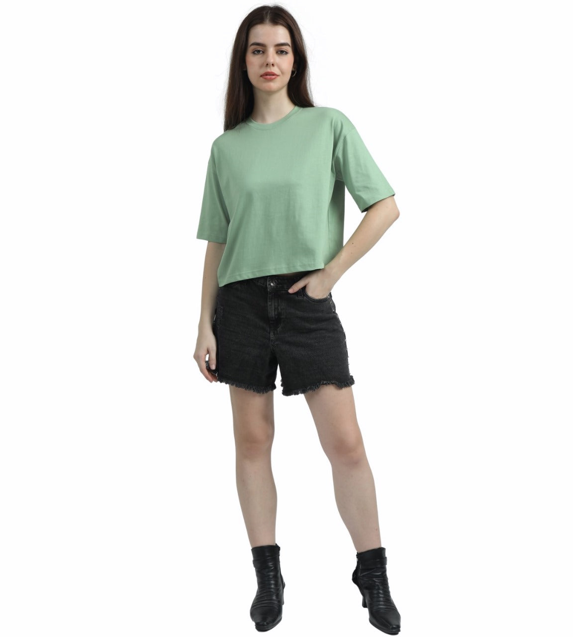 PALE GREEN SOILD OVERSIZED CROPPED TEE