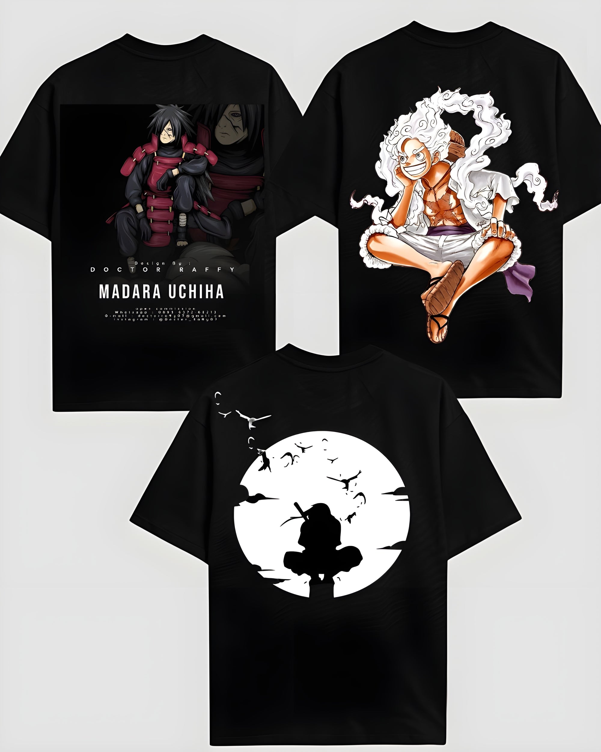 Anime Icons Black Tee Collection – Madara, Luffy & Itachi Tribute