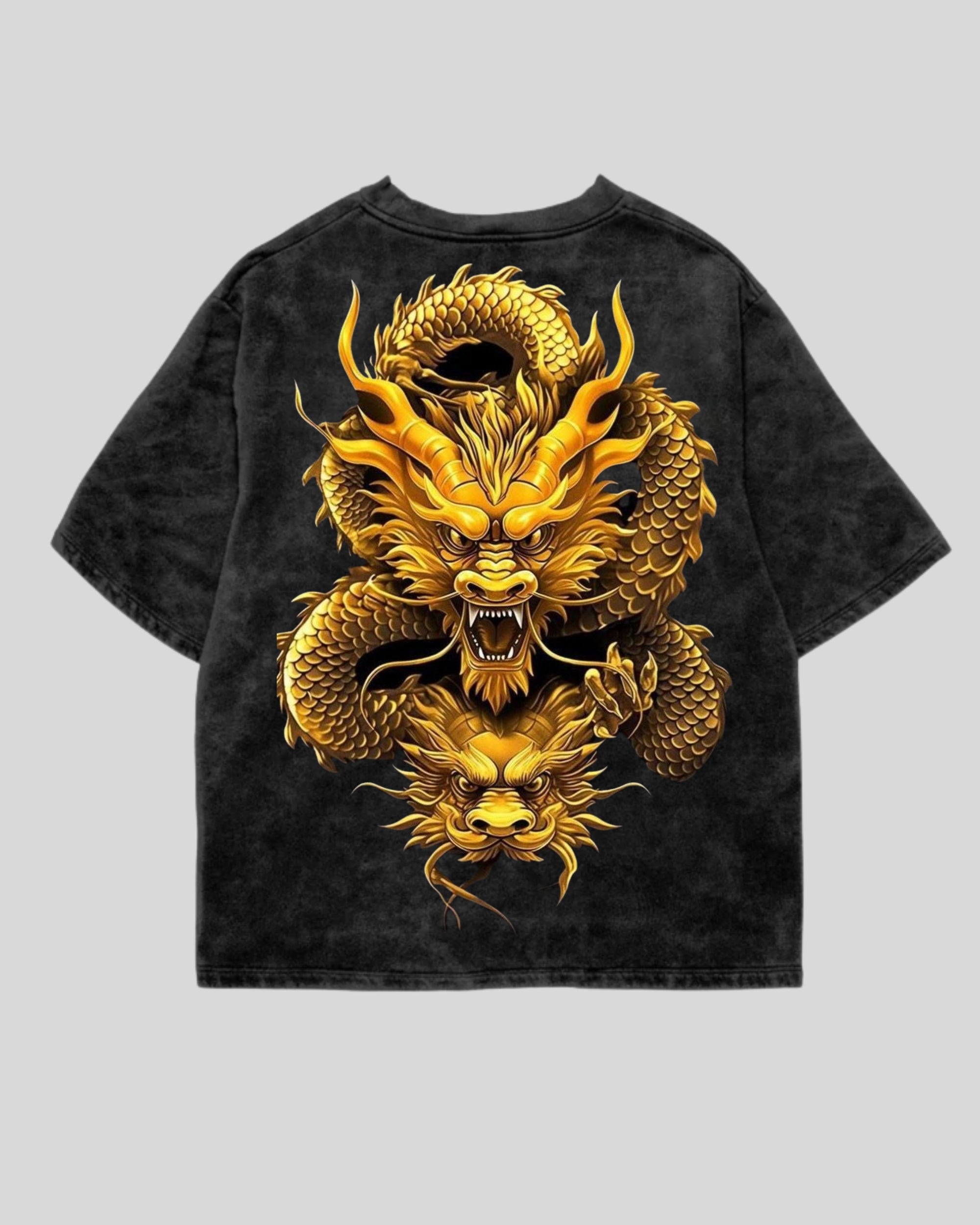 Golden Whisper Dragon Minimal Oversized T-Shirt – Black Acid Wash | Teerex Limited Edition