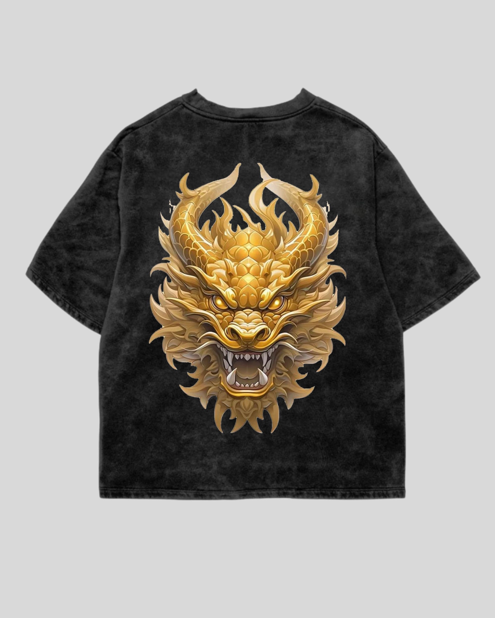 Golden Fury Dragon Print Oversized T-Shirt – Acid Wash Black | Teerex Special Edition