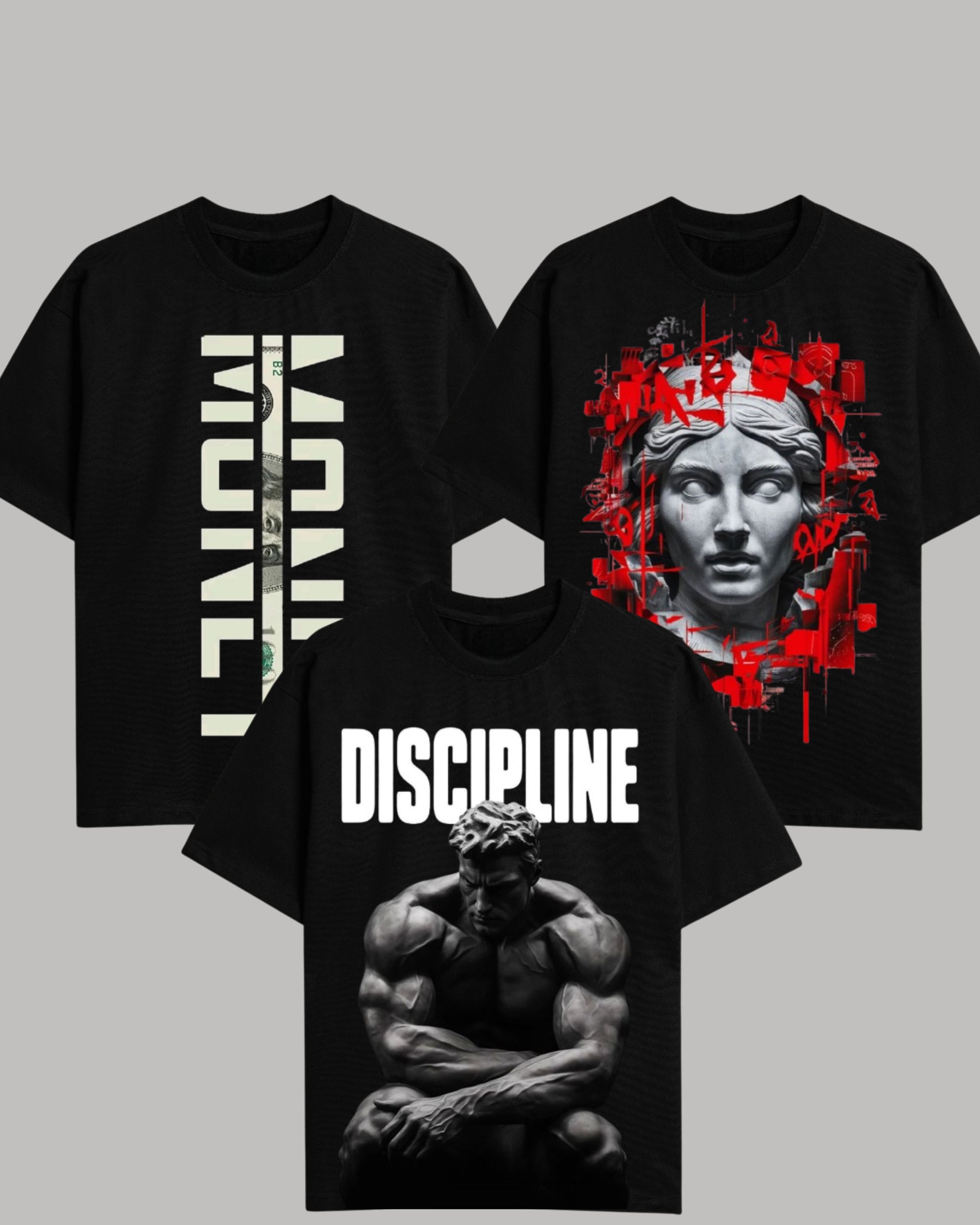 "Power Trio" Graphic T-Shirt Combo – Money, Art & Discipline Edition (Pack of 3)