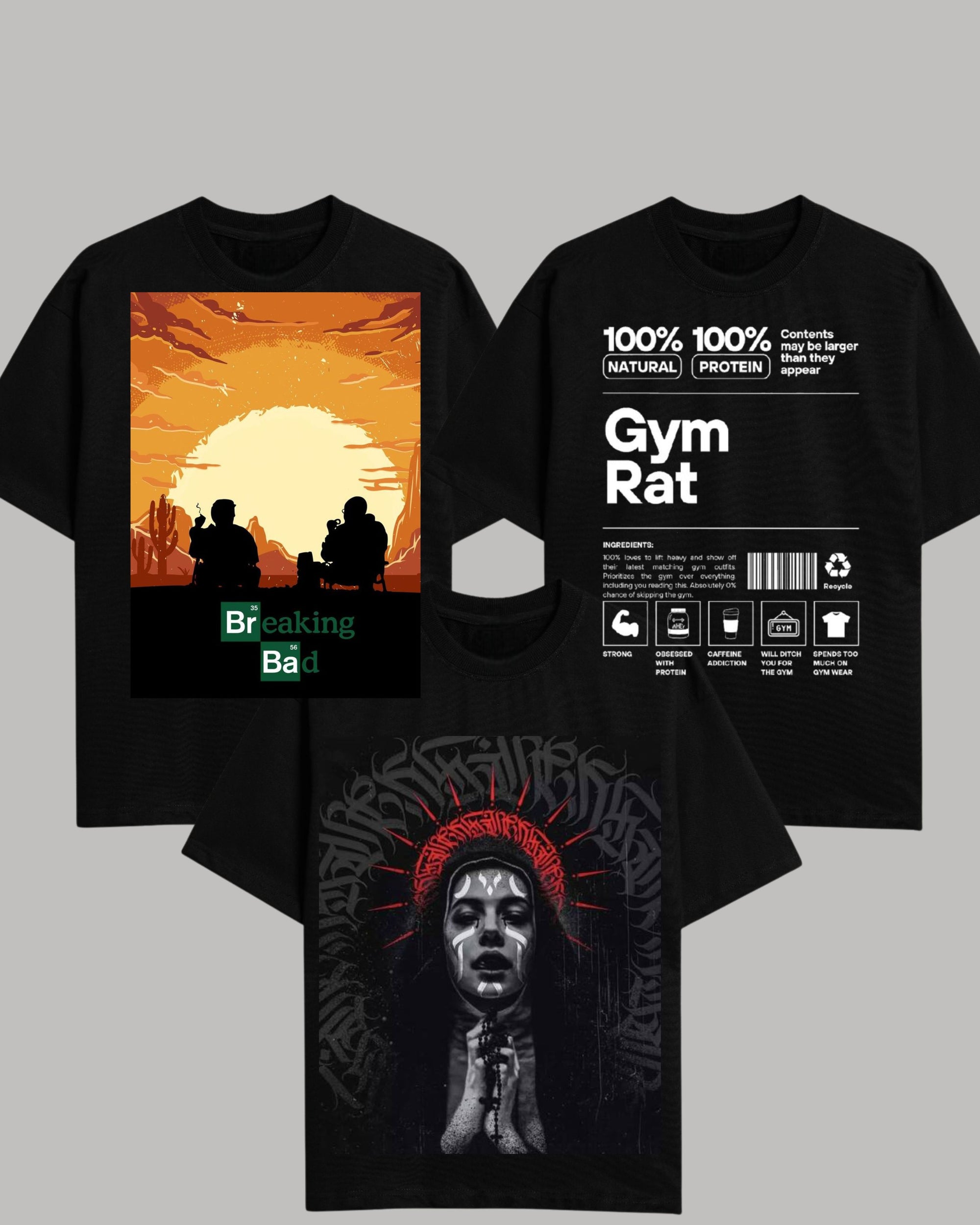 "Dark Vibes" Graphic T-Shirt Combo – Breaking Bad, Gym Rat & Gothic Art Edition (Pack of 3)
