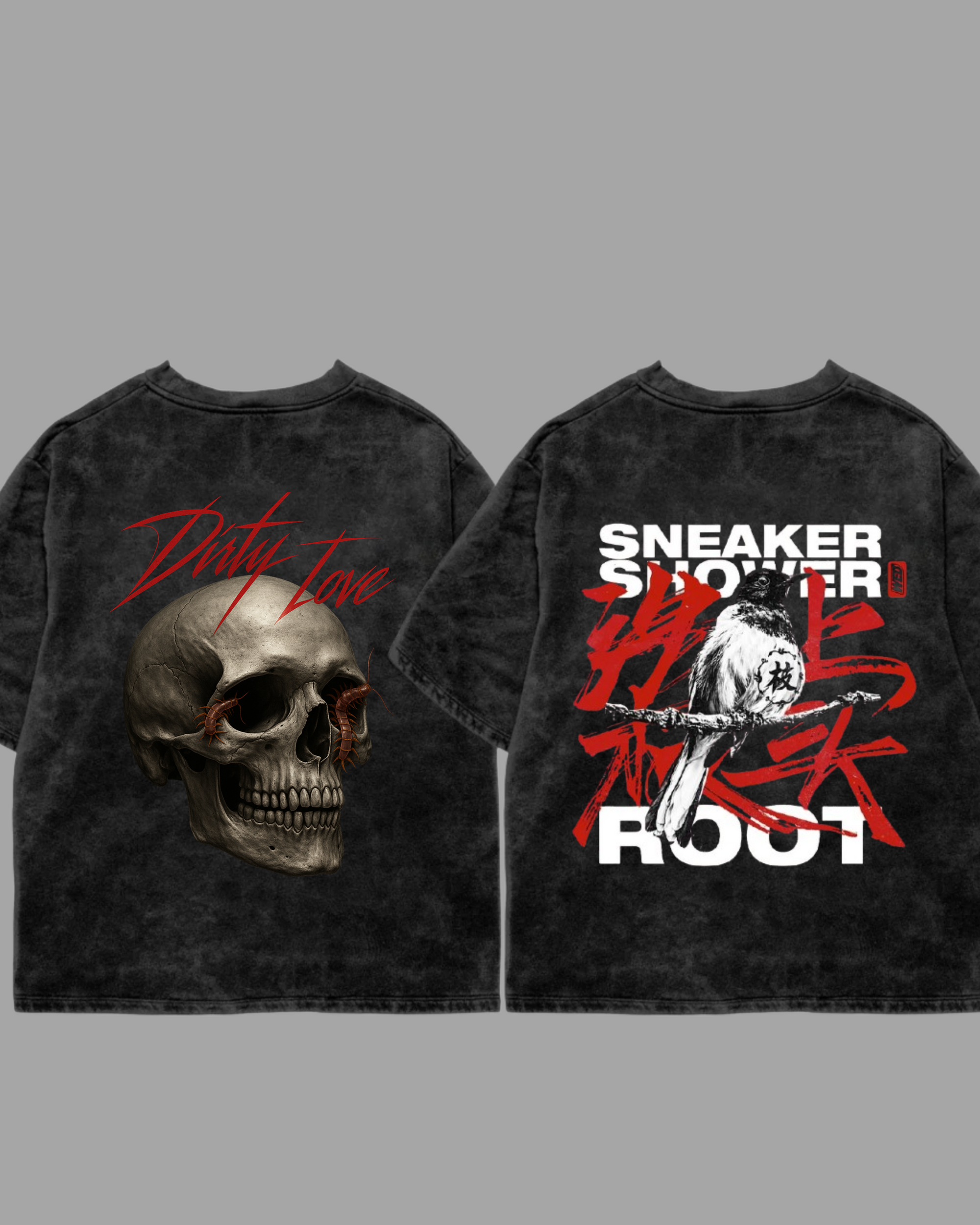 Dirty Love × Street Root Acid Wash Oversized T-Shirt – Gothic Skull & Urban Bird Print
