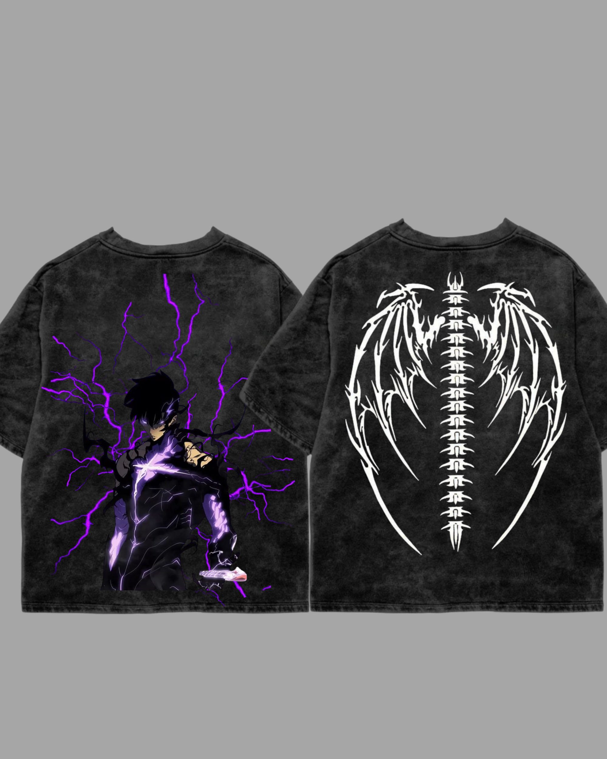 Shadow Surge Acid Wash Oversized T-Shirt – Anime Graphic & Spine Wing Print Combo