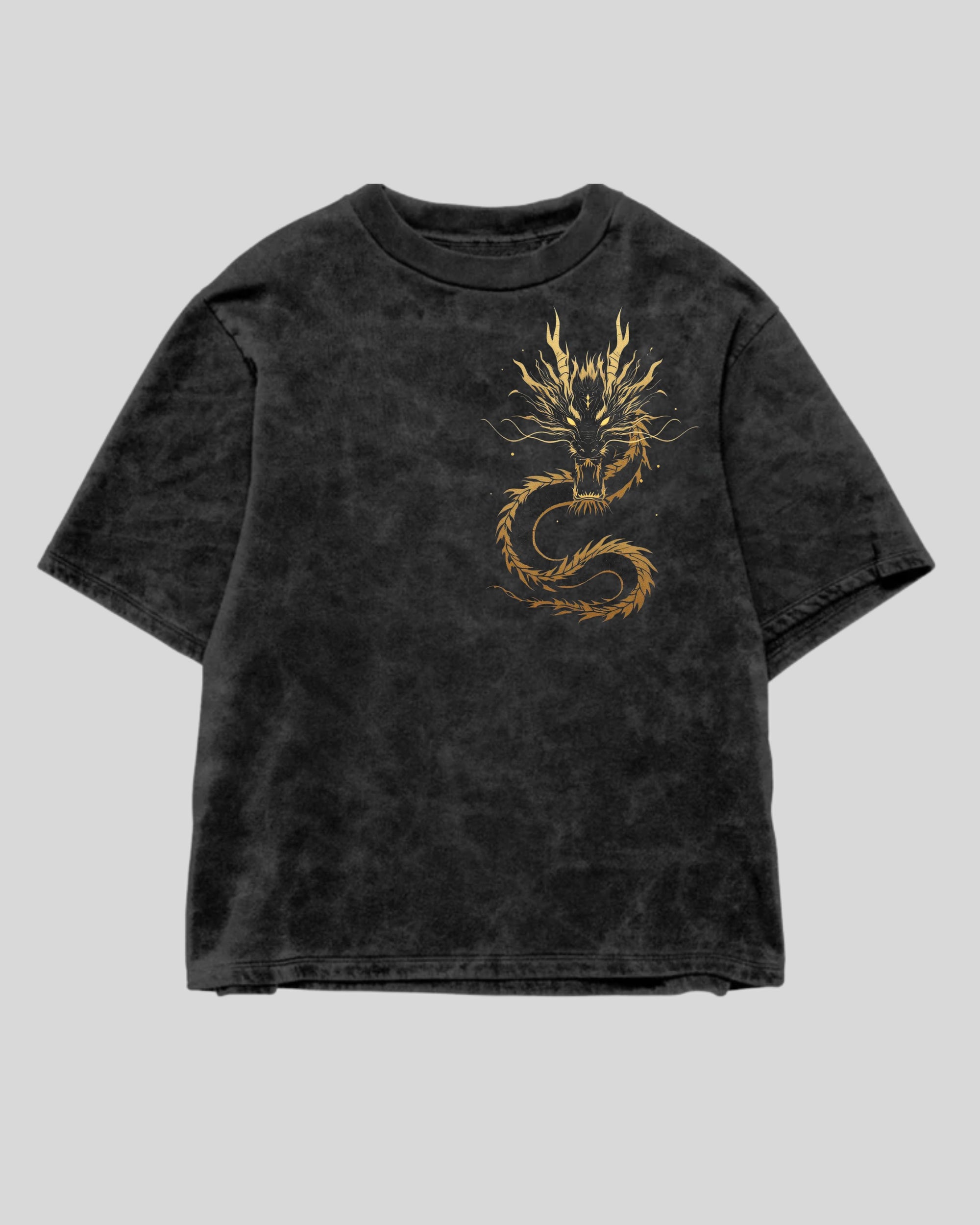 Golden Whisper Dragon Minimal Oversized T-Shirt – Black Acid Wash | Teerex Limited Edition