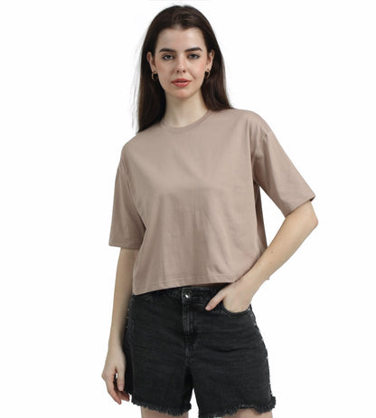 BEIGE SOILD OVERSIZED CROPPED TEE