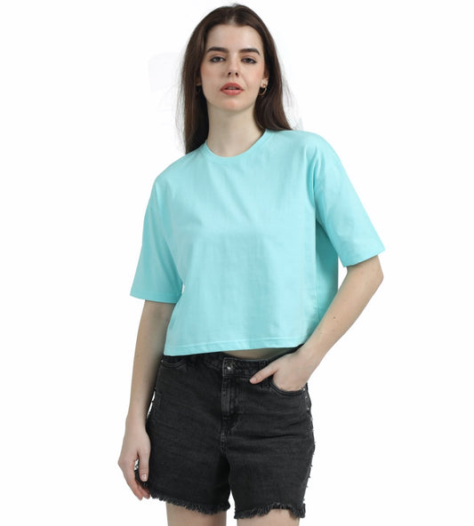 PALE AQUA SOILD OVERSIZED CROPPED TEE