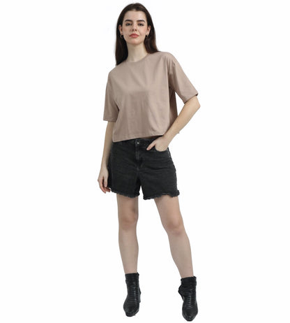 BEIGE SOILD OVERSIZED CROPPED TEE