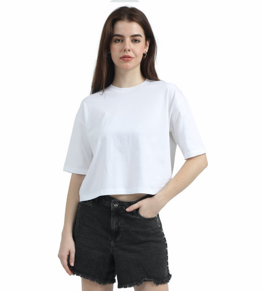 WHITE SOILD OVERSIZED CROPPED TEE